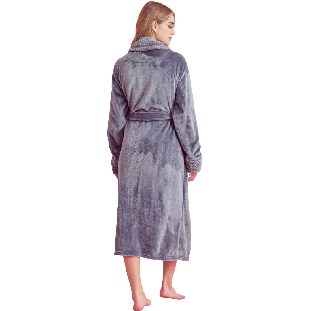 Women Plush Shawl Collar Robe, Fleece Bathrobe, Gray (S/M) view 4