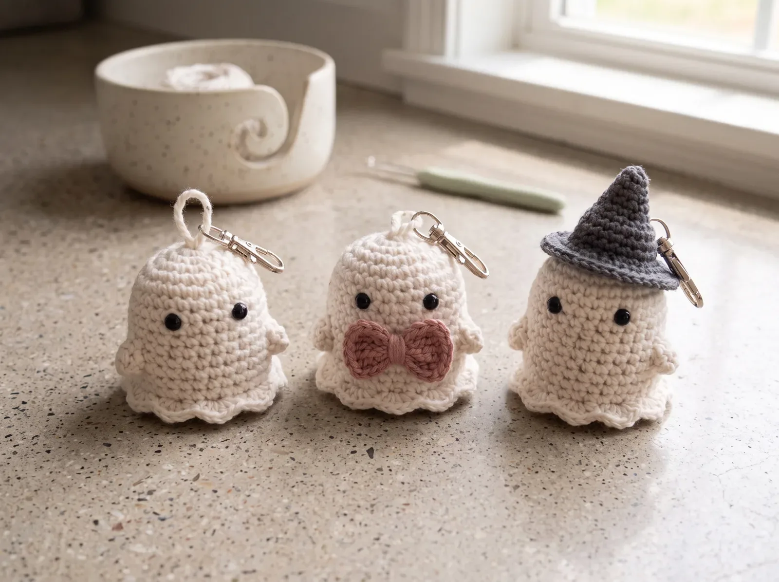 Mini Crochet Ghost Bag Charm finished crochet project