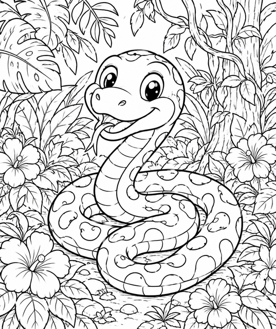 Printable Friendly Jungle Snake colouring page for kids