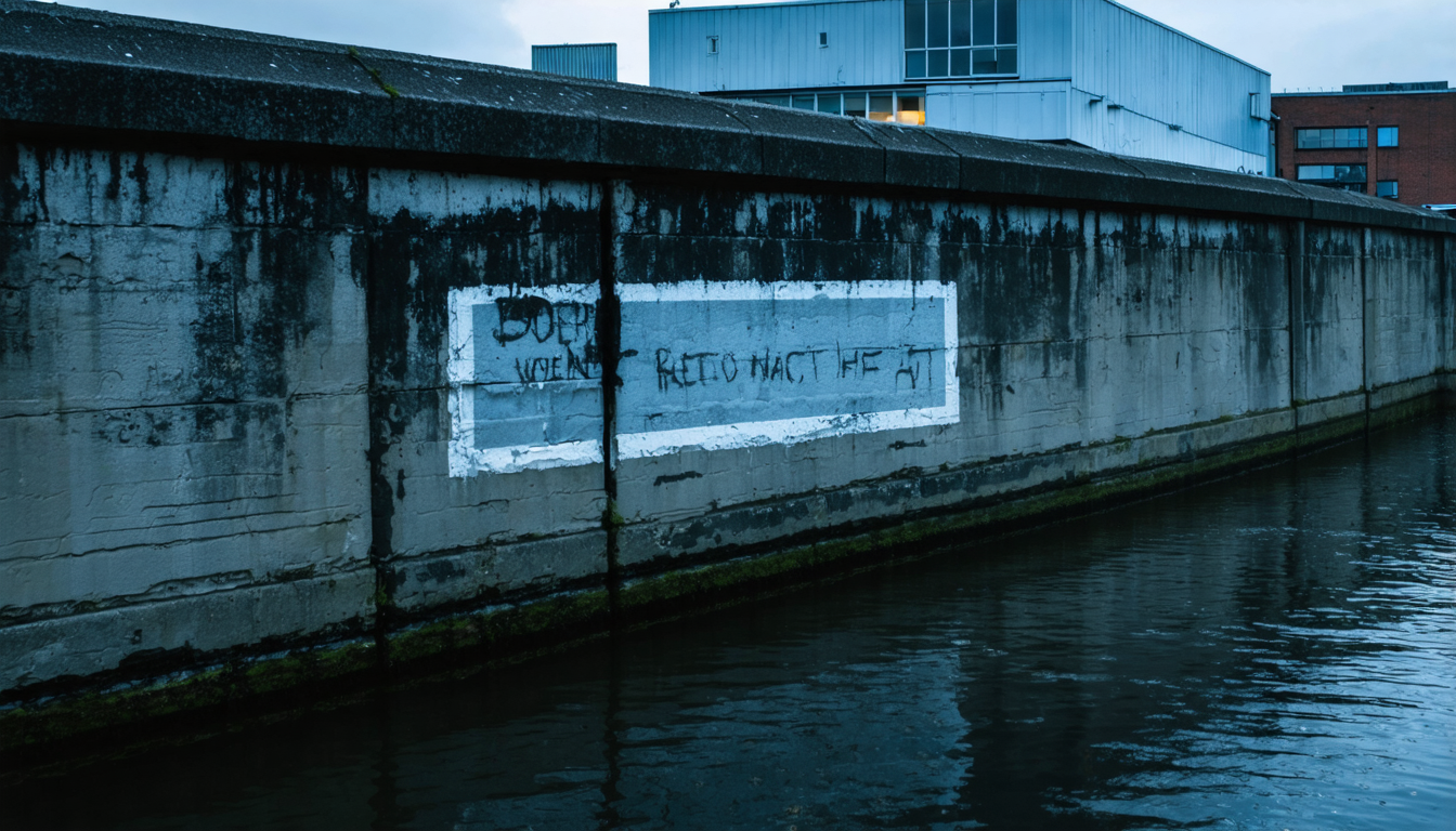 A rain-slicked Dublin canal wall at dusk with a faded stencilled protest slogan half painted over by grey municipal paint.