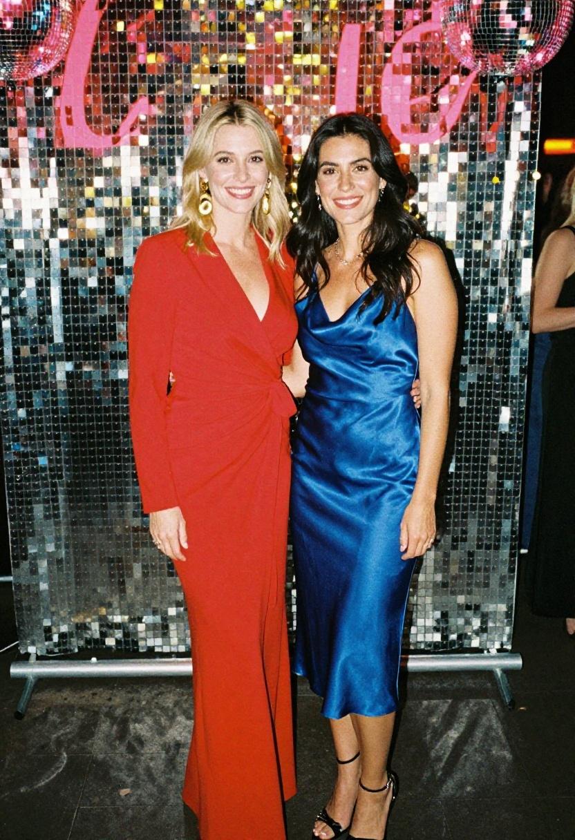 Two women in bold red and cobalt blue dresses at a speed dating night