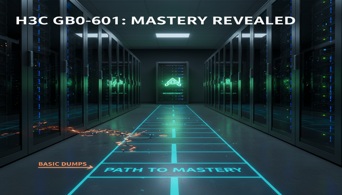 H3C GB0-601: Mastery Revealed A digital roadmap showing a clear, glowing path leading through a modern H3C server rack aisle towards a bright achievement, contrasting with a dark, broken path symbolizing exam dumps, for H3C GB0-601 certification.