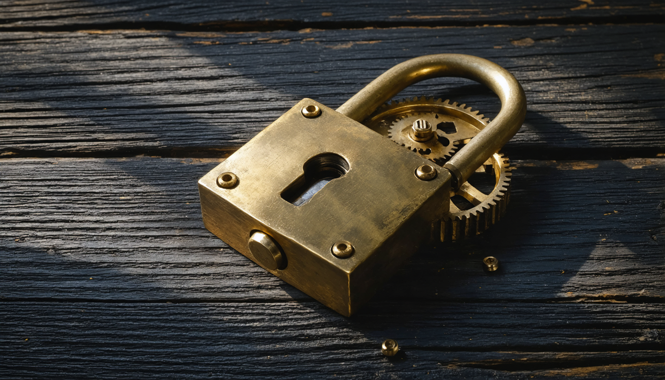 A close-up of an old bronze mechanical lock, partly disassembled, its exposed gears catching a single shaft of low light.