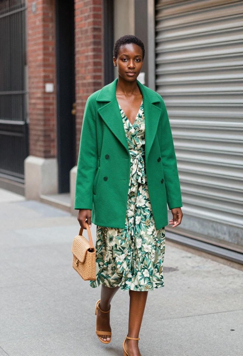Clover-green wrap coat over a floral midi dress for a festive St. Patrick's Day outfit