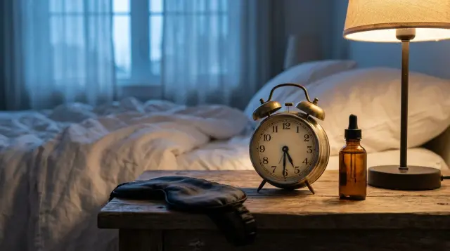Serene bedside nightstand with sleep mask and alarm clock in soft morning light