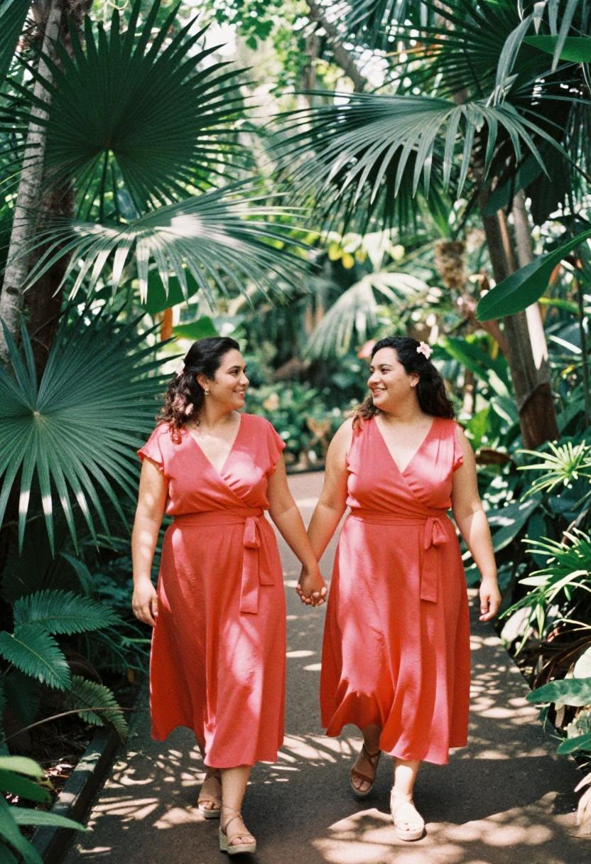 Plus size woman in vivid coral wrap dress with waist sash in tropical garden