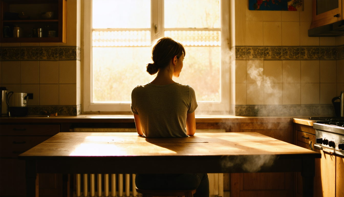 A woman sitting still at a bare kitchen table in warm afternoon light, no food or objects on the table, her posture relaxed and unremarkable.