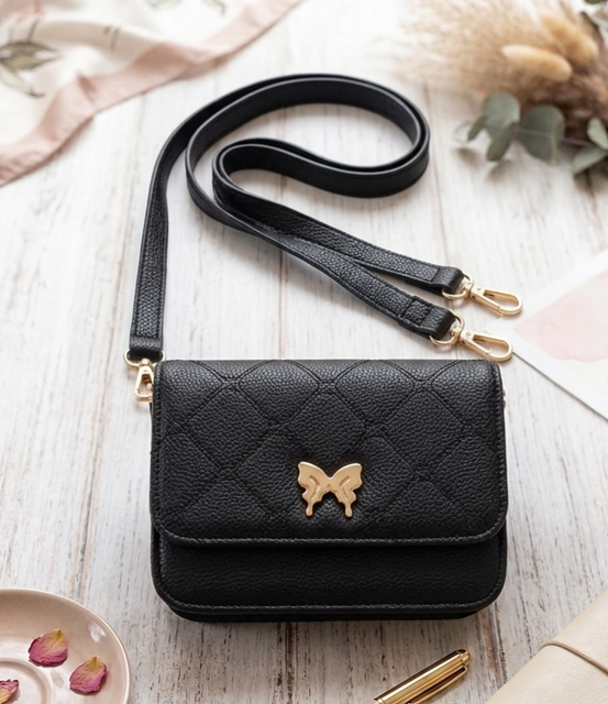 Bandolera Pequeña Negra con Mariposa Dorada Honduras
