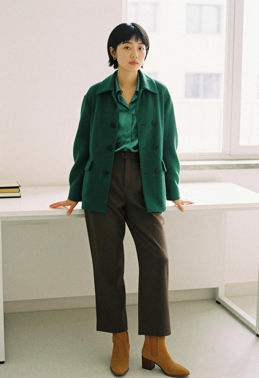 Emerald green jacket over silk blouse and wide-leg trousers with caramel ankle boots
