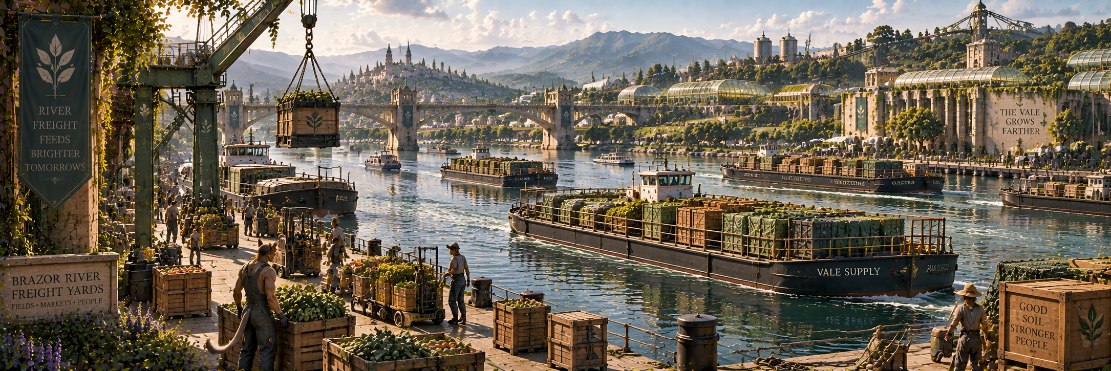 Agricultural barges and river freight moving through the Brazor River corridor