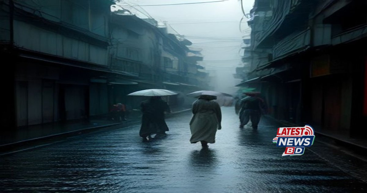 Cloud-covered sky over flooded streets of Kolkata with people using umbrellas during monsoon rain