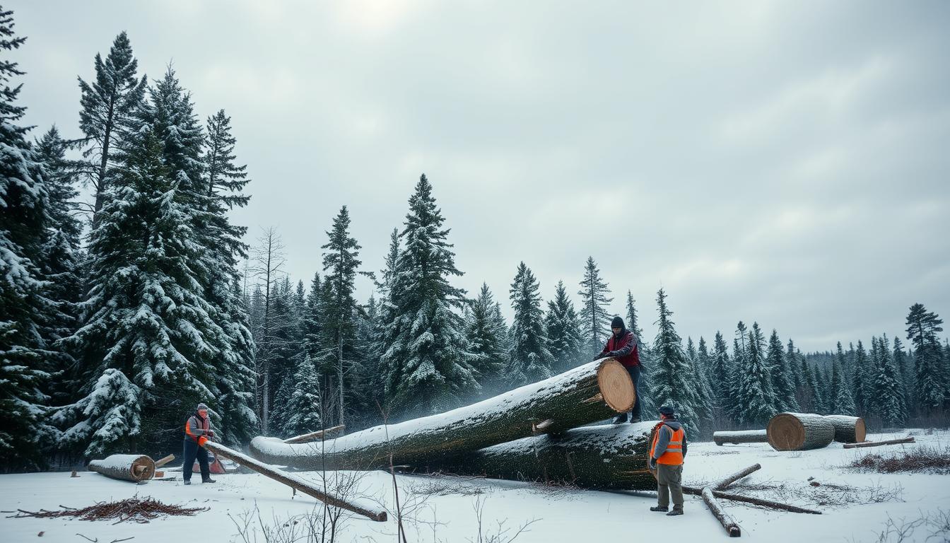 Валка деревьев зимой