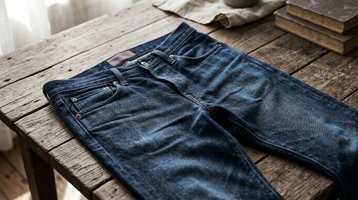 Folded dark-wash wholesale denim jeans on a wooden table