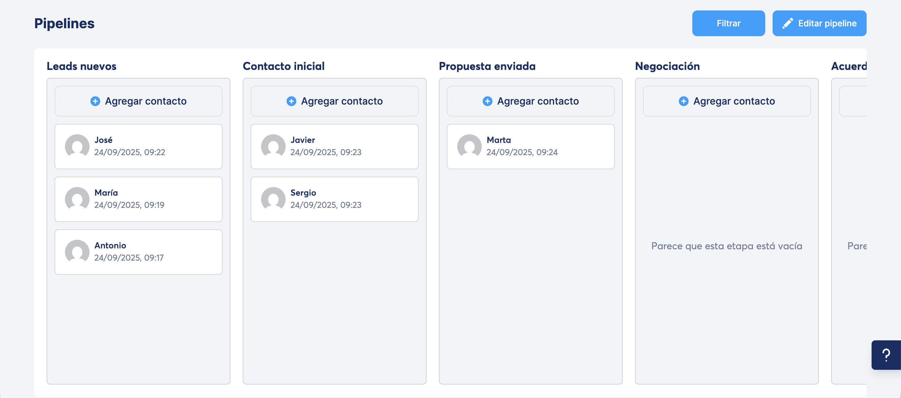 Pipeline del CRM de Systeme.io para gestionar leads inmobiliarios por etapas