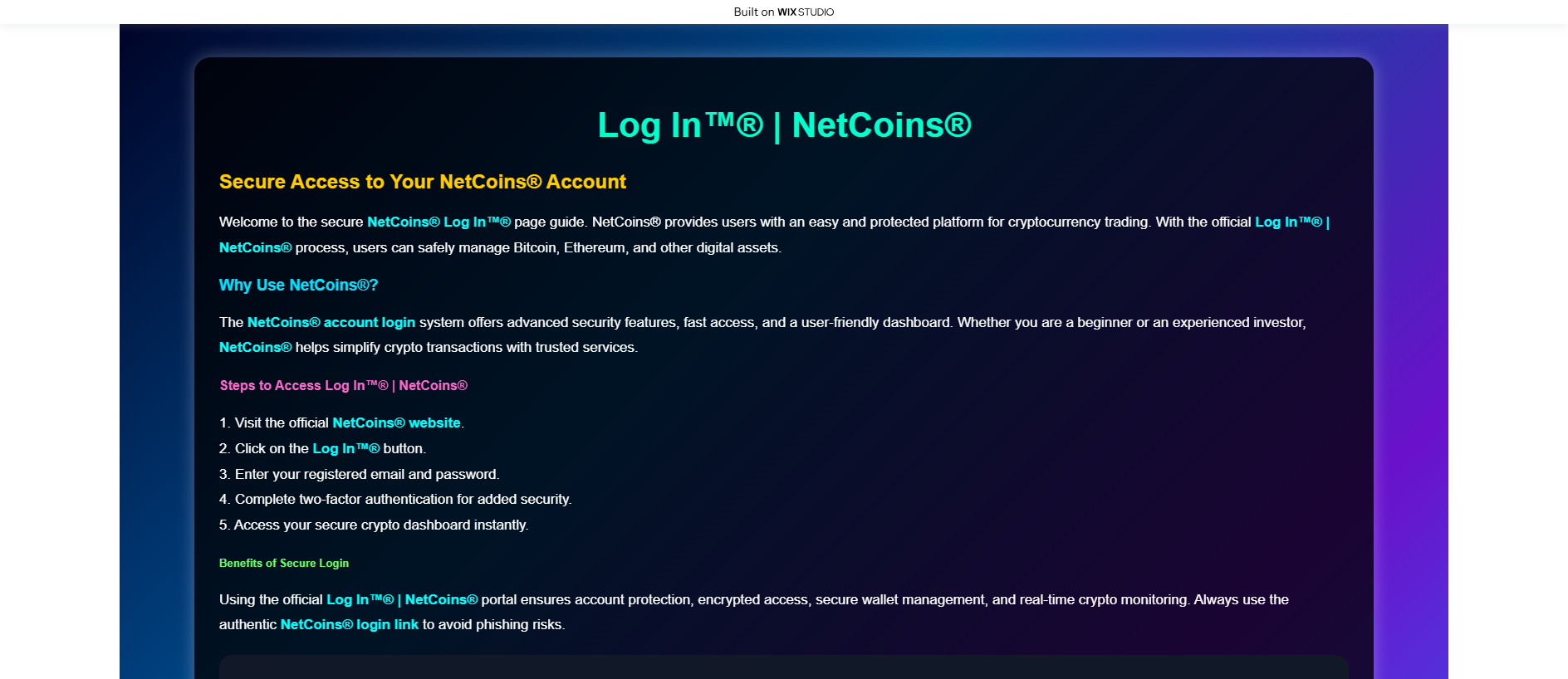 Forensic screenshot of nettcoinscdnapps.wixstudio.com showing the phishing page layout