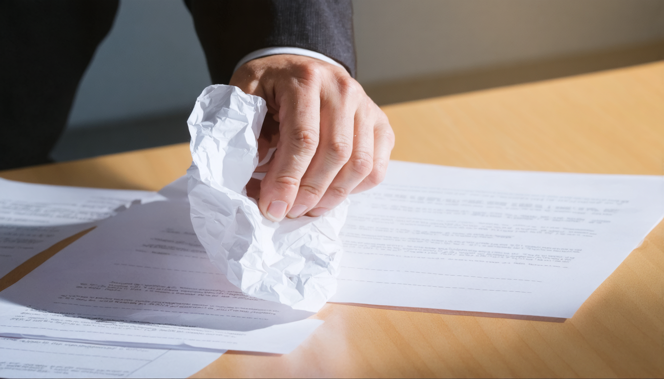 A hand gripping a crumpled sheet of paper on a sparse desk, knuckles white, harsh overhead light