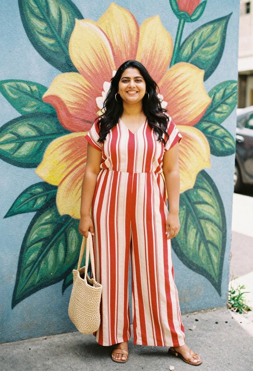 Cherry red striped wide-leg jumpsuit against a street mural