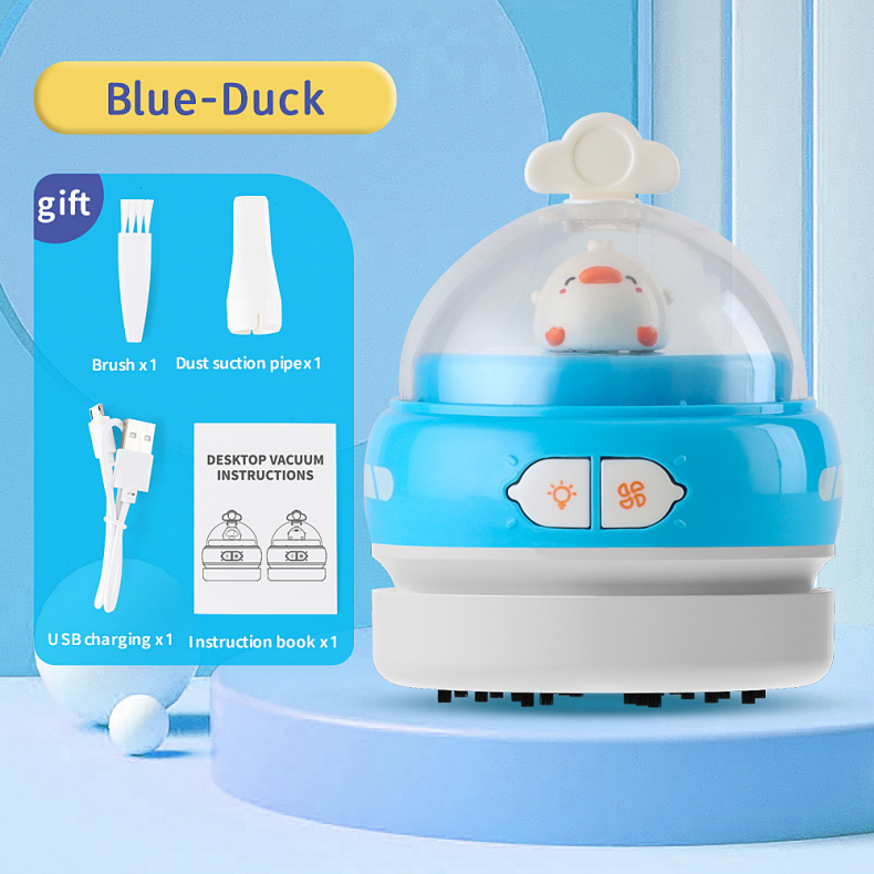 Blue-Duck Mini Animal Desktop Vacuum Cleaner - USB Rechargeable, Night Light, 2-Speed Suction, Detachable & Washable - Portable Handheld Cleaner for Keyboard, Eraser Shavings, Desk