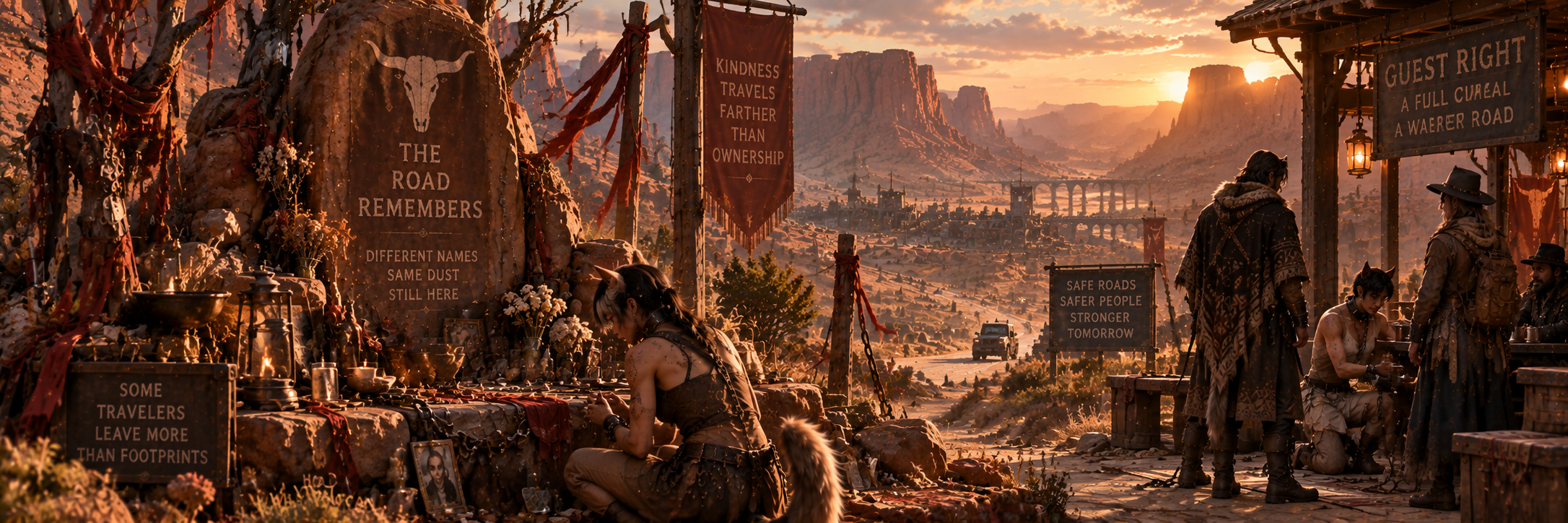 Mesquite roadside memorial with red thread, offerings, travelers and a chained demi-human servant