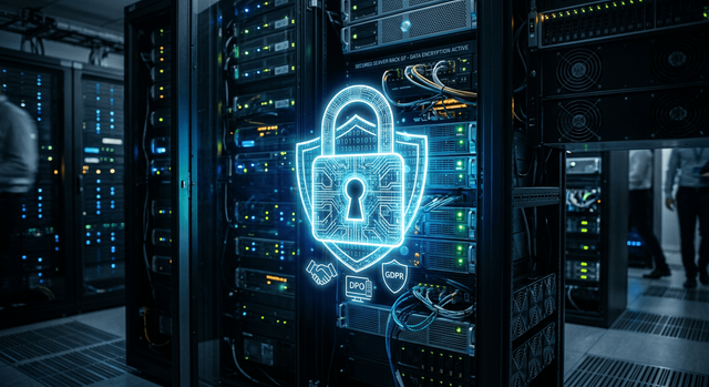 A futuristic padlock icon made of digital light protecting a server rack symbolizing data security and GDPR compliance