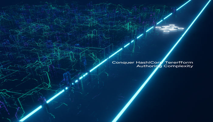 Conquer HashiCorp Terraform Authoring Complexity A detailed digital visualization showing a complex, tangled network of Terraform infrastructure dependencies contrasting with a clear, illuminated architectural pathway, symbolizing successful mastery of the HashiCorp Terraform Authoring exam.