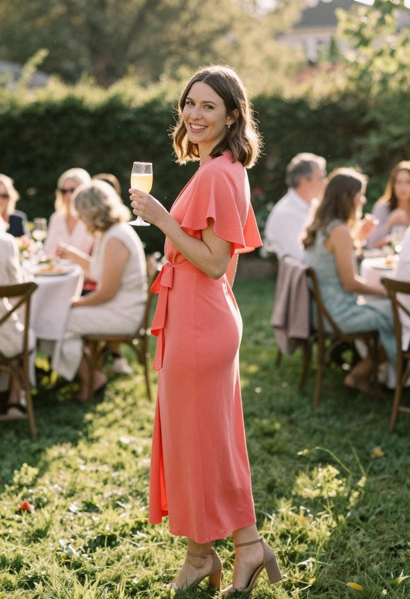 Bold coral wrap dress with flutter sleeves for spring brunch or family dinner