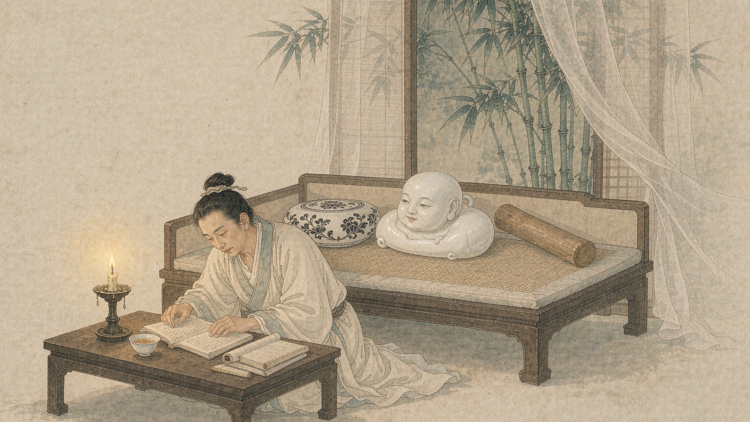 宋代瓷枕与书生夜读