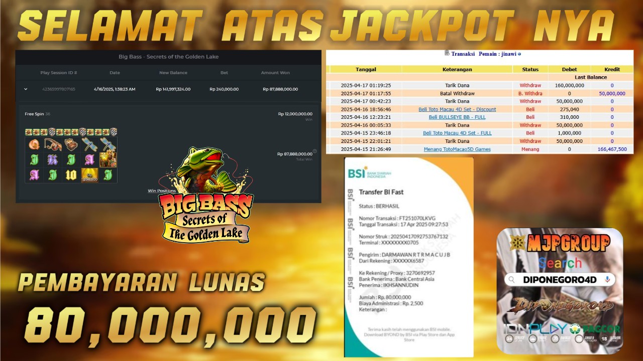 DIPONEGORO4D JACKPOT BIGBASS SECRET OF THE GOLDEN LAKE Rp.80.000.000.,- LUNAS