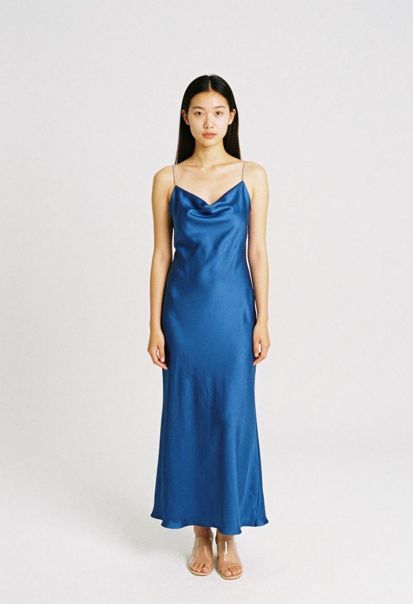 Cobalt blue cowl-neck silk slip dress with perspex heels turning a minimalist studio shot into a red carpet moment