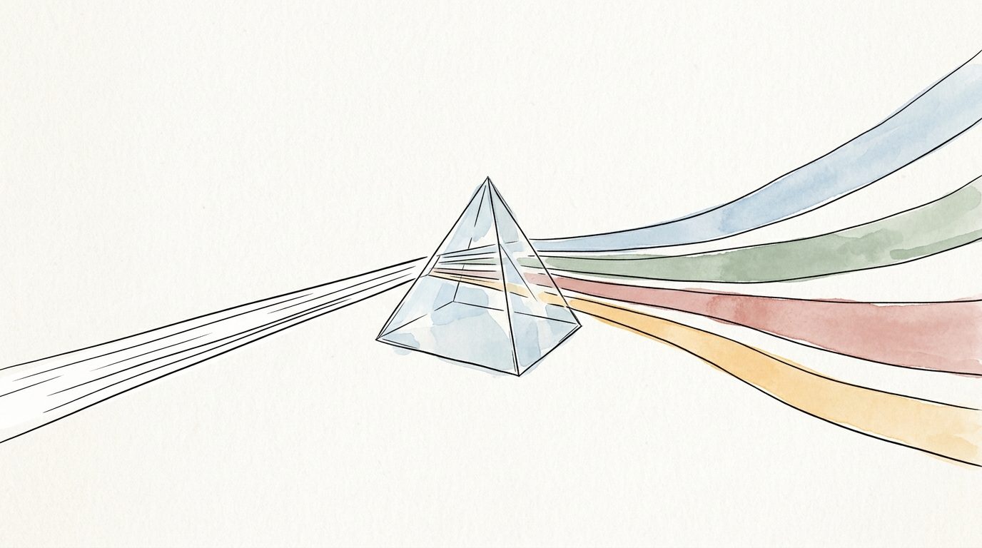 A multifaceted crystal prism splitting a single cohesive white beam of light into several distinct illuminated pathways,