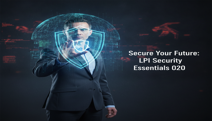 A focused professional actively building a robust digital security shield against subtle abstract cyber threats, with glowing network lines and data streams. The image prominently features the text 'Secure Your Future: LPI Security Essentials 020'.