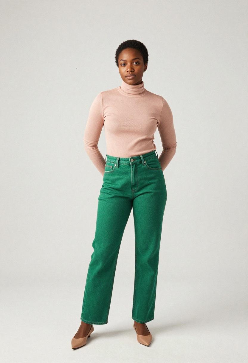 Emerald green straight leg jeans with a blush ribbed turtleneck for polished Casual Friday