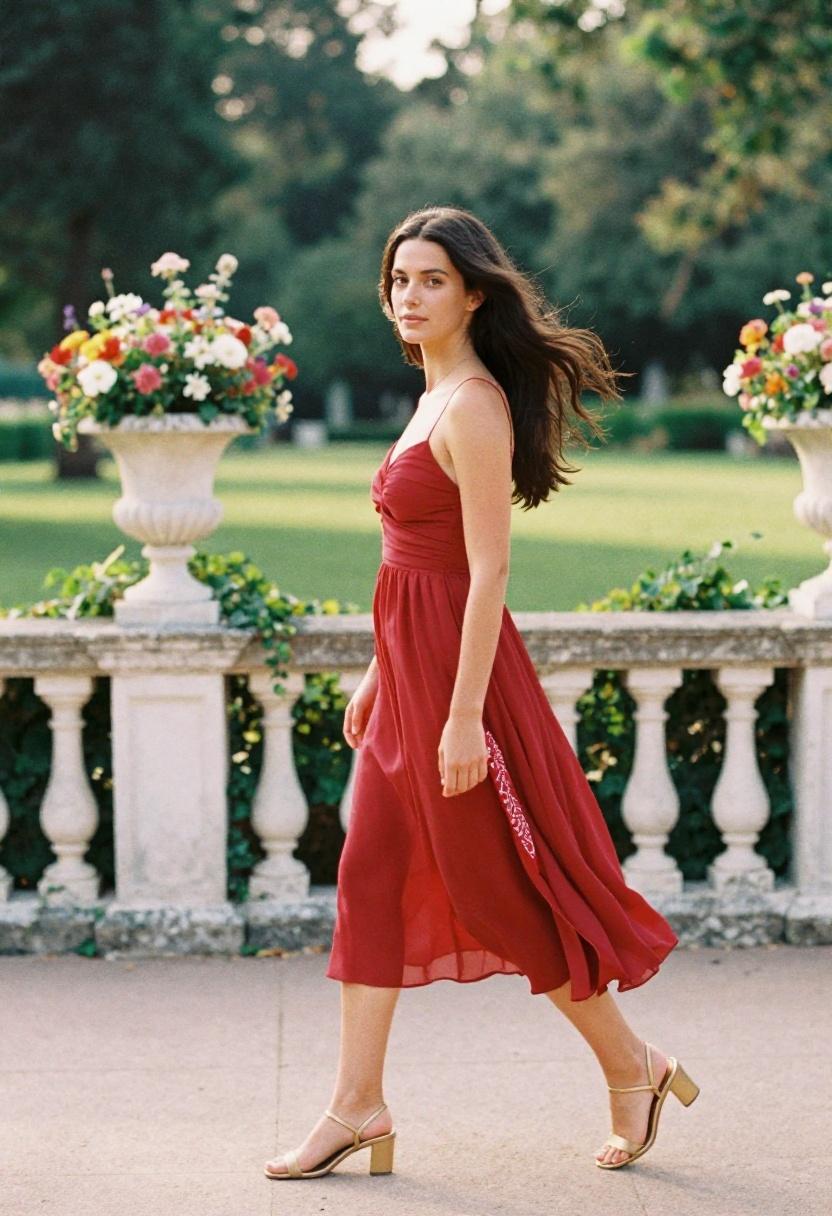 Woman in ruby red chiffon handkerchief-hem dress floating at a summer black tie garden wedding