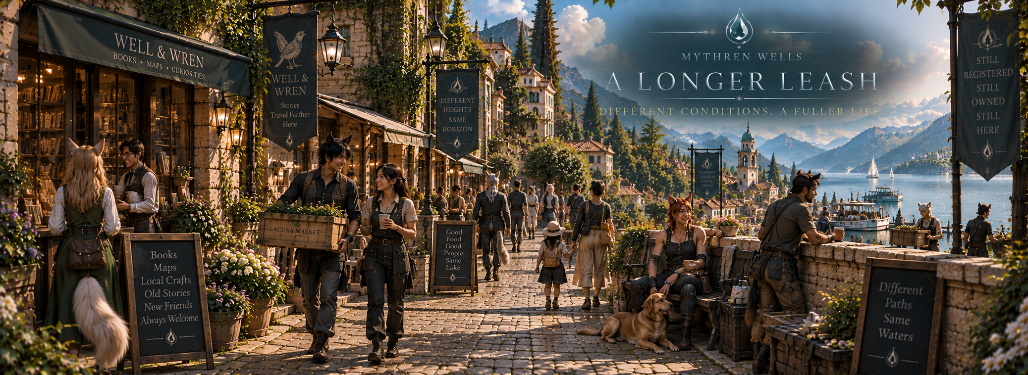 Demi-human residents and workers moving more casually through everyday life in Mythren Wells.