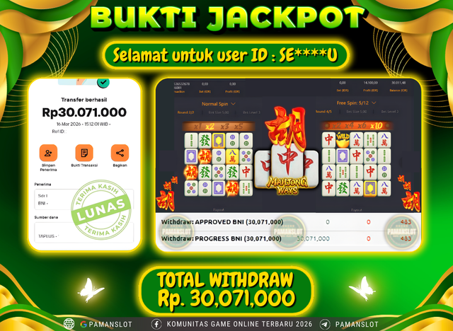 PAMANSLOT JACKPOT Game Mahjong Ways Rp.30,071,000- LUNAS
