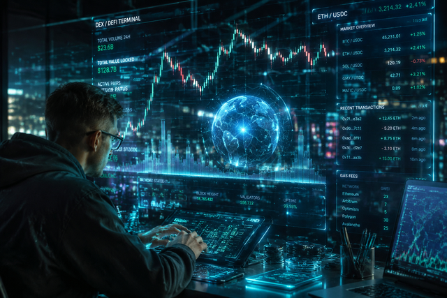 Photorealistic photojournalistic image of a futuristic decentralized trading terminal with holographic price charts, cryptocurrency trading
