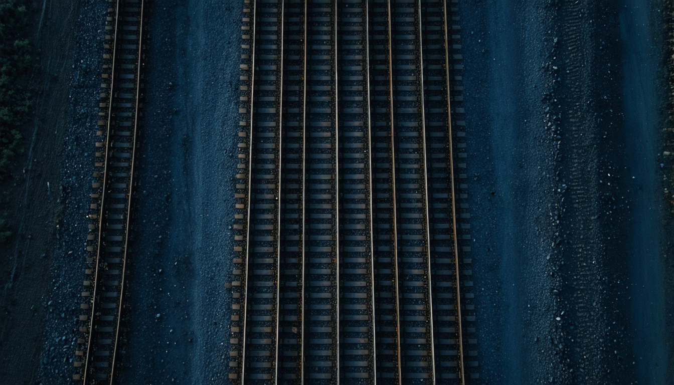 Aerial view of iron railway tracks branching across a vast dark landmass at dusk, converging and diverging.