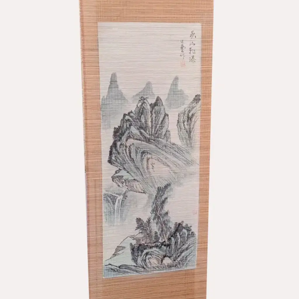 Kakejiku — Pergaminho Suspenso Chinês Decorativo Vintage — Paisagem Shanshui — Anos 1970
