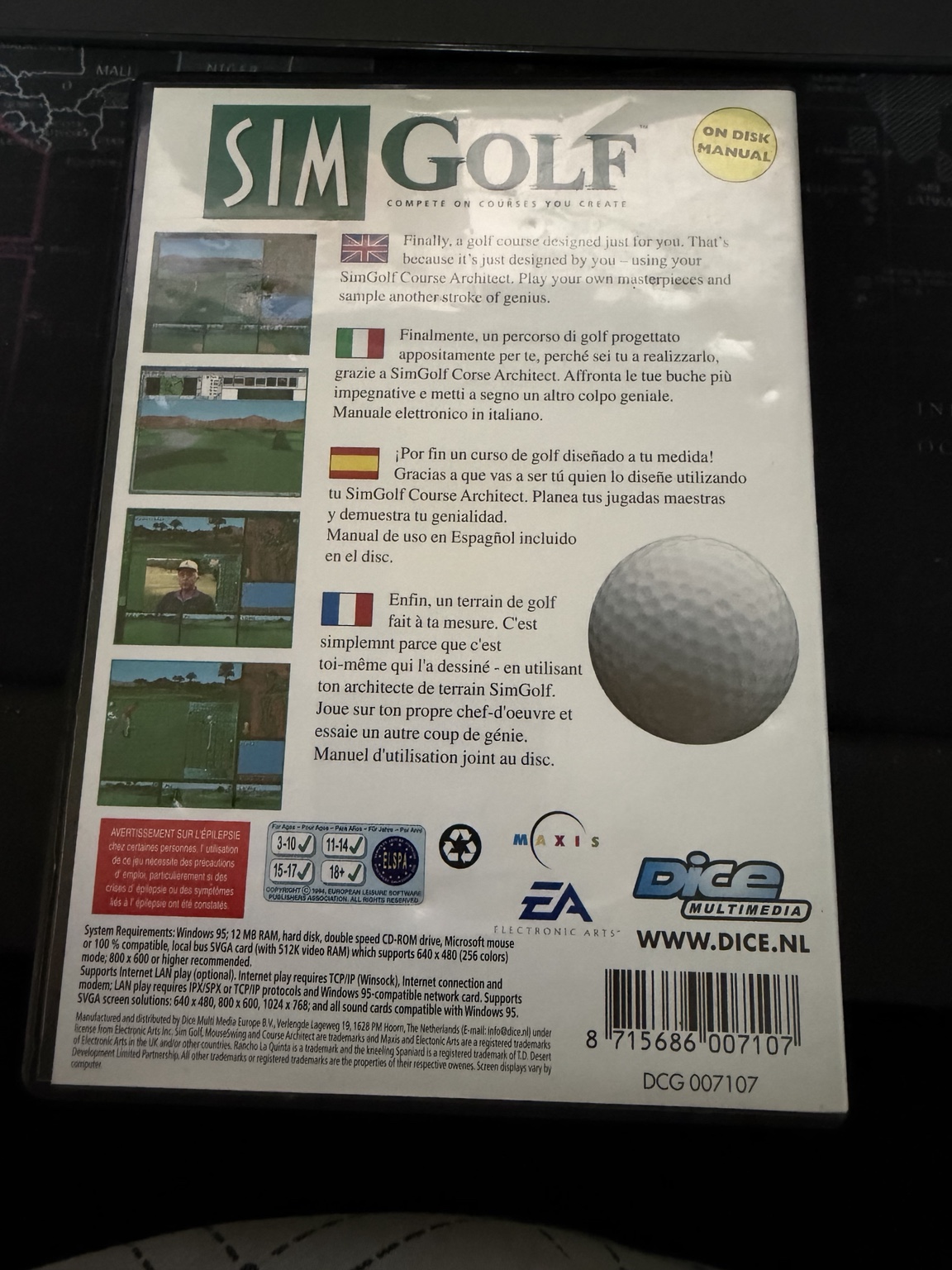 SimGolf back cover describing Course Architect and an on-disc manual