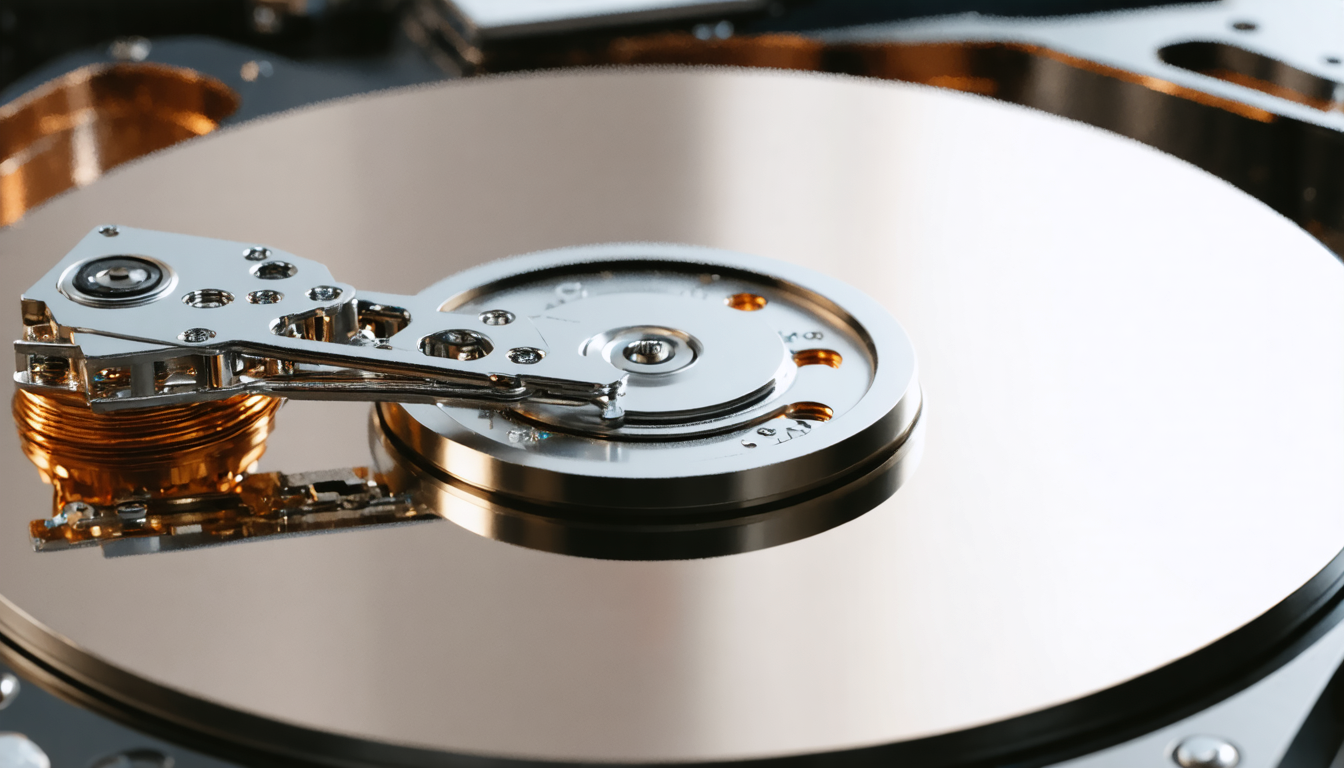 A hard drive's read head poised over a mirrored platter in cold light, deciding what will be called back and what will quietly disappear.