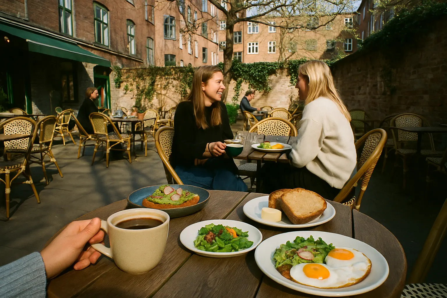 Hyggelig brunchscene på en café med røgfyldt kaffe og farverige retter på Nørrebro