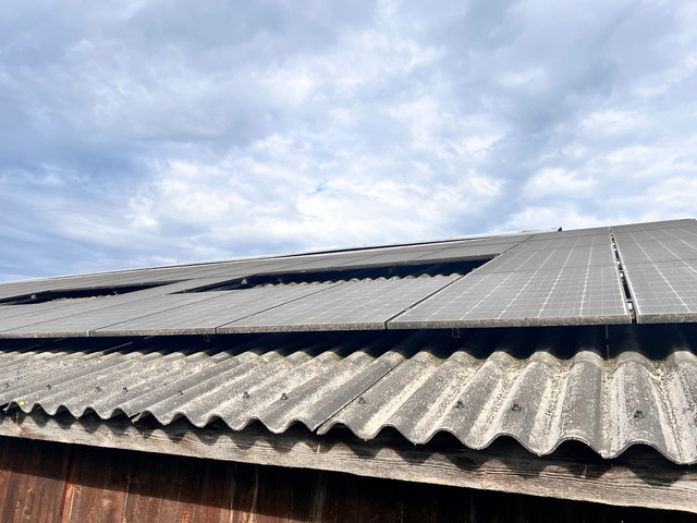 PV-Reinigung Schmallenberg – vorher: komplett verschmutzte, schwarz-graue Solarmodule auf einem Stalldach im Hochsauerland, trotz Selbstreinigung im Vorjahr