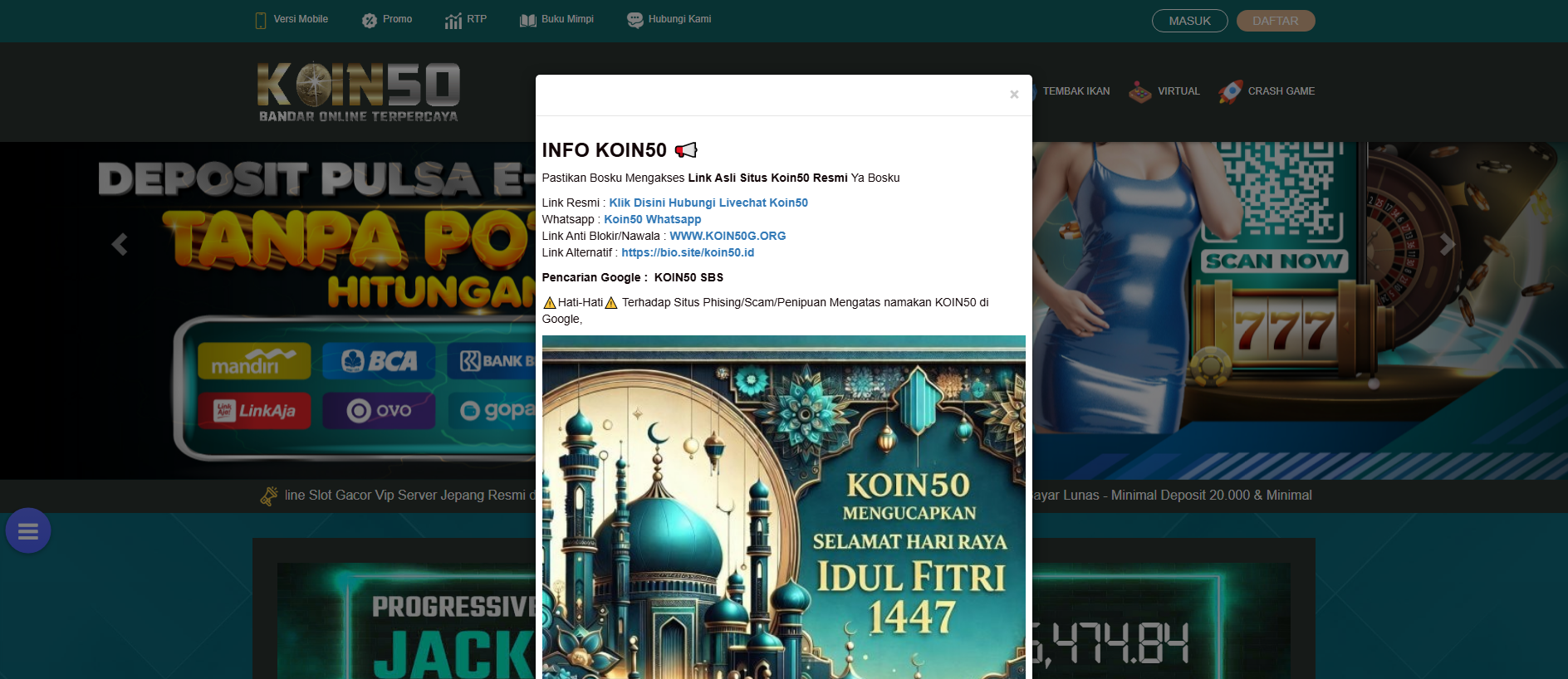 Forensic screenshot of koin50.com showing the phishing page layout