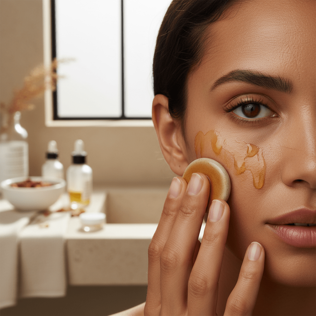 Dry, tight skin on a face in a clean bathroom setting