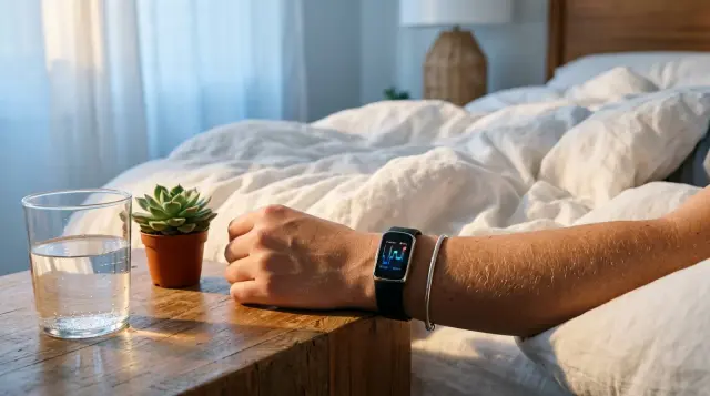 Fitness tracker on wrist near bedside table in warm morning light, restful mood