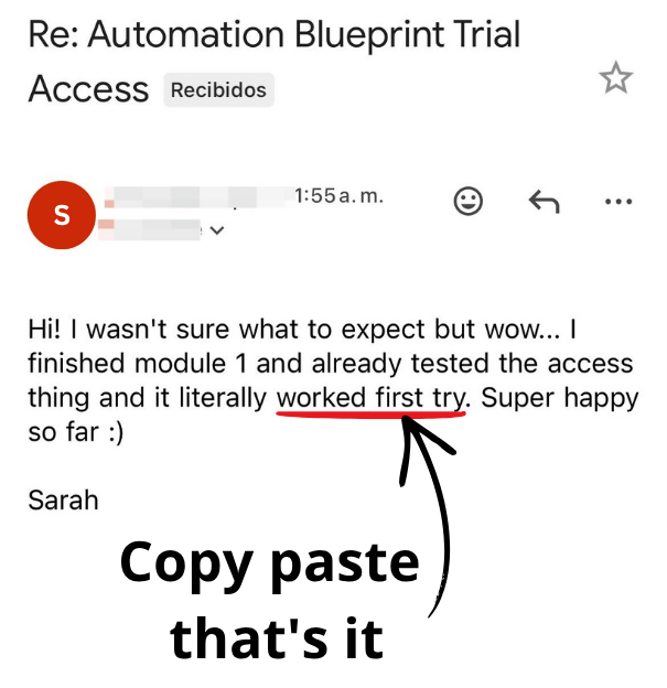 Email testimonial screenshot about real business results