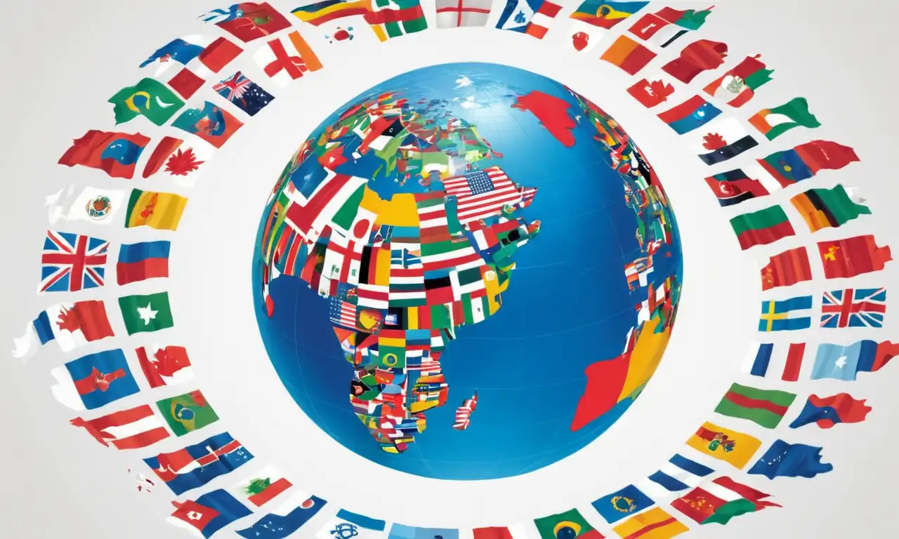 Un globo con diferentes iconos culturales y banderas superpuestas, representando el alcance global del poder cultural suave.
