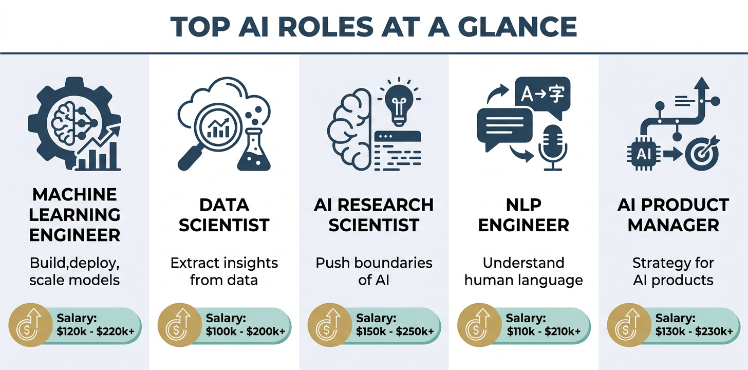 Top AI roles at a glance — side-by-side comparison of Machine Learning Engineer, Data Scientist, AI Research Scientist, NLP Engineer, and AI Product Manager with core focus areas and average US salaries