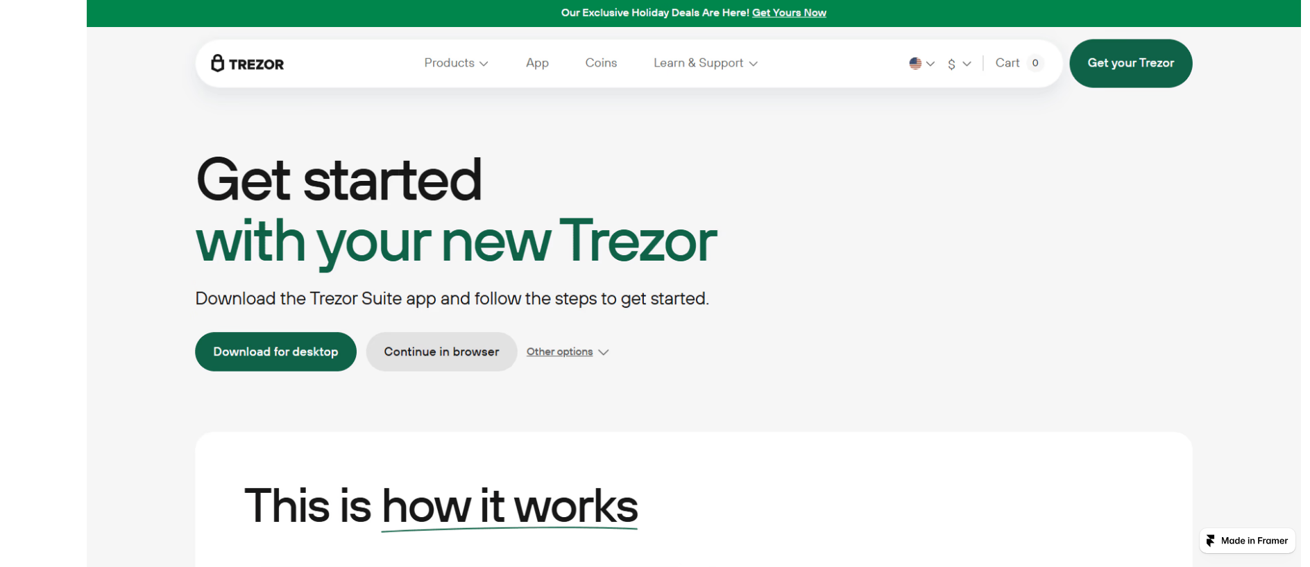 Forensic screenshot of trezur-en-us.framer.ai showing the phishing page layout
