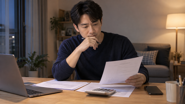직장인이 급여 자료와 대출 명세서를 놓고 금리 인하 가능성을 계산하는 모습